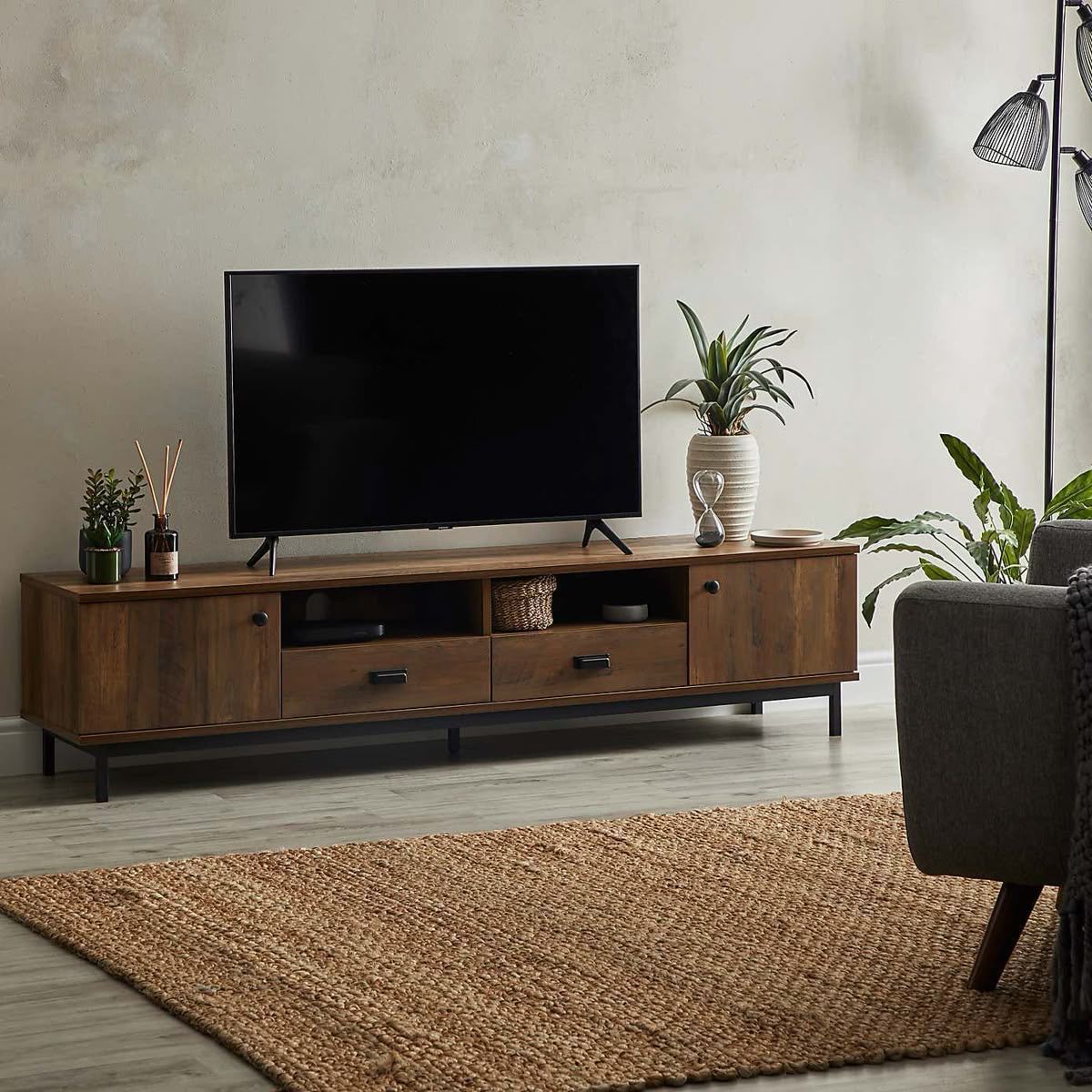 Modern TV console in a styled living room